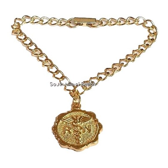 Gold RN Nursing Caduceus Charm Bracelet Nurse Graduation Gift Plated USA Seller - Picture 1 of 9